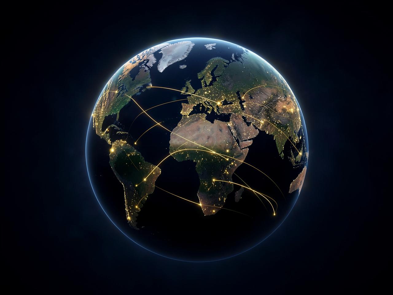 Globe with golden payment routes connecting continents — domestic and international payment networks